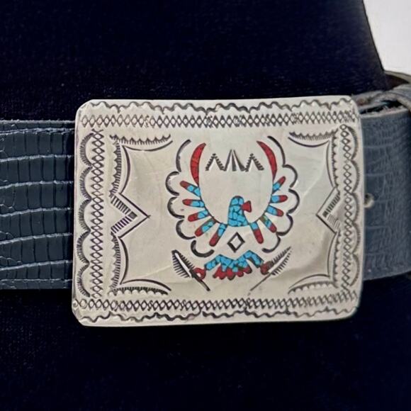 Vintage Navajo Style Silver Buckle Turquoise Coral on Leather USA Made Belt 32”